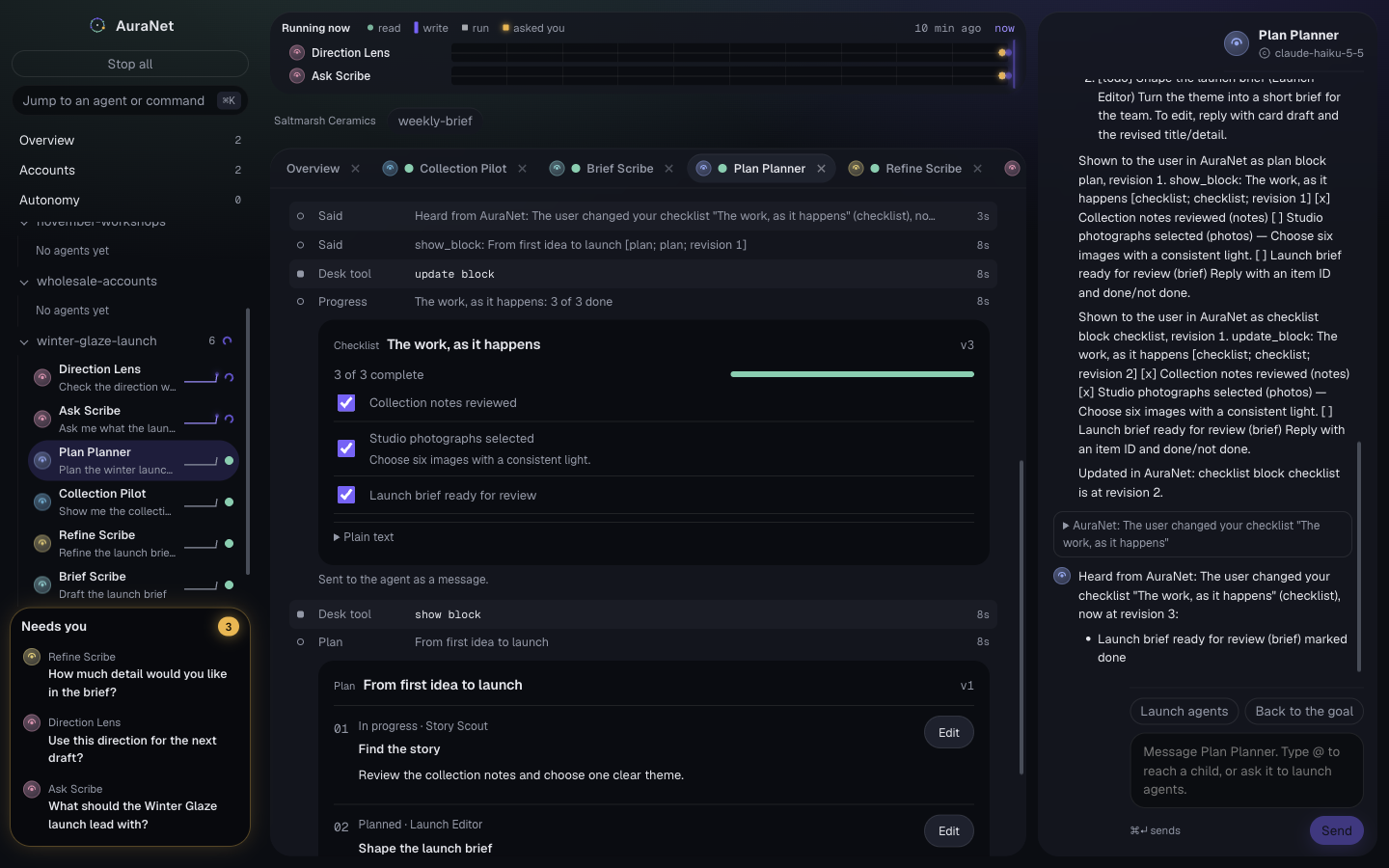 An agent's checklist block with three items ticked and a plan block with editable steps, inside AuraNet.