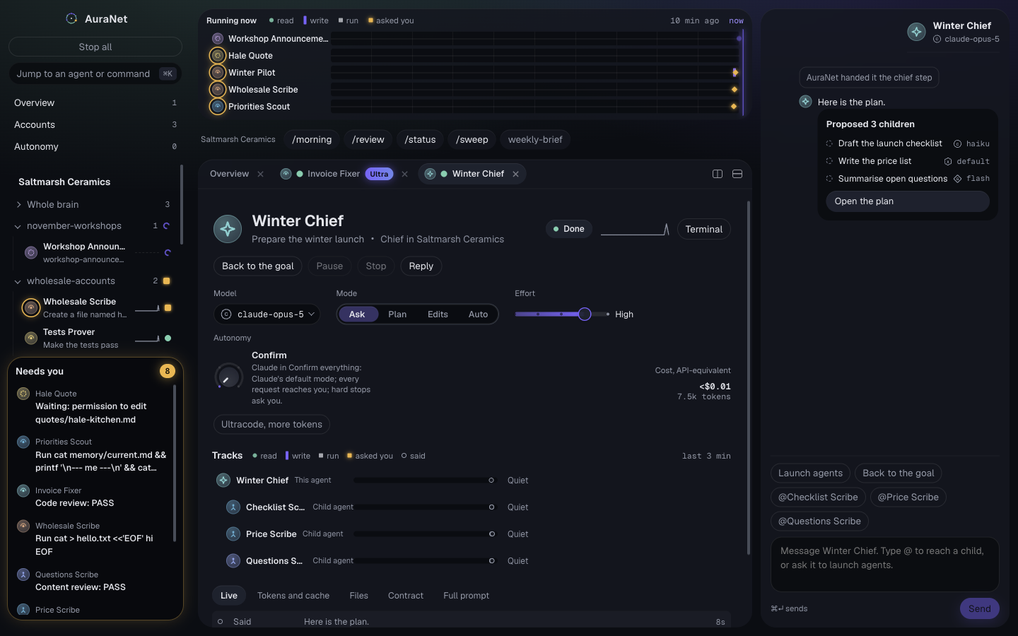 AuraNet showing Winter Chief, a chief agent, with three child agents on their own tracks, a list of running agents at the top, and the Needs you inbox on the left.